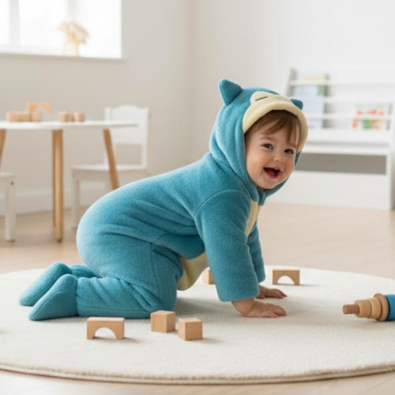 May include: A baby wearing a blue and cream-colored hooded onesie, crawling on a white rug. The onesie has a character design with a hood featuring ears. Wooden blocks are scattered around the baby.