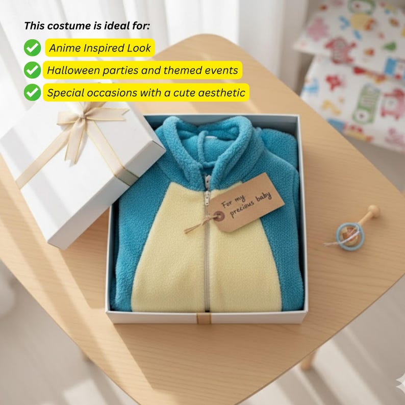 May include: A baby costume in a gift box. The blue and yellow fleece outfit has a zipper and a tag that reads "For my precious baby." A white gift box with a ribbon is next to the costume. A baby rattle is also visible.