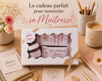 Coffret cadeau personnalisé Maîtresse | Nounou | ATSEM | Kinder Country, Kinder Maxi, Smarties & Mini Nutella | Cadeau fin d'année scolaire