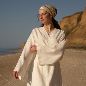 linen wrap dress, white linen boho dress, custom linen midi dress, modest peasant cottagecore dress, linen maxi robe, linen clothes dresses