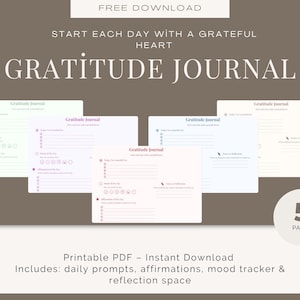 Diario de gratitud imprimible – Reflexiones y afirmaciones diarias en PDF – Descarga digital – 5 versiones a color – Tamaños A4 y carta (EE. UU.)