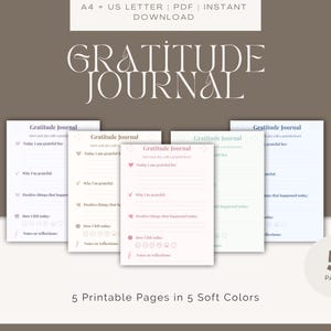 Diario de gratitud imprimible – 5 páginas en 5 colores pastel – Reflexión diaria y seguimiento del estado de ánimo – Tamaño A4 y carta (EE. UU.) – Descargar PDF