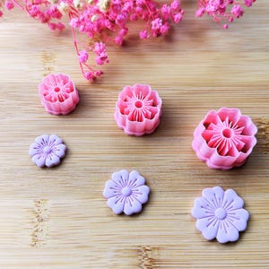 Può includere: Tagliapasta e stampi per fondente a forma di fiore rosa e viola su una superficie di legno. I tagliapasta sono rosa e hanno un design floreale dettagliato. Gli stampi sono viola e hanno un design floreale più semplice. Fiori rosa sullo sfondo.