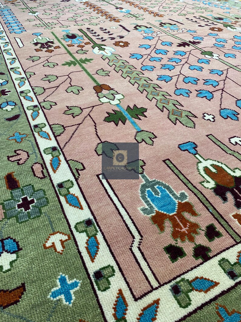 Handgeknüpfter Wolle Oushak 8x10 Teppich, Rosa Salbei Grüner Blumen Orientteppich Bild 10