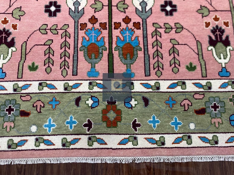 Handgeknüpfter Wolle Oushak 8x10 Teppich, Rosa Salbei Grüner Blumen Orientteppich Bild 15