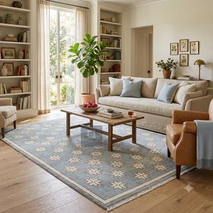 May include: A large rectangular area rug featuring a light blue background with a repeating pattern of white eight-pointed stars and a solid border. The rug is positioned on a light wood floor in a living room setting with a sofa and armchairs.