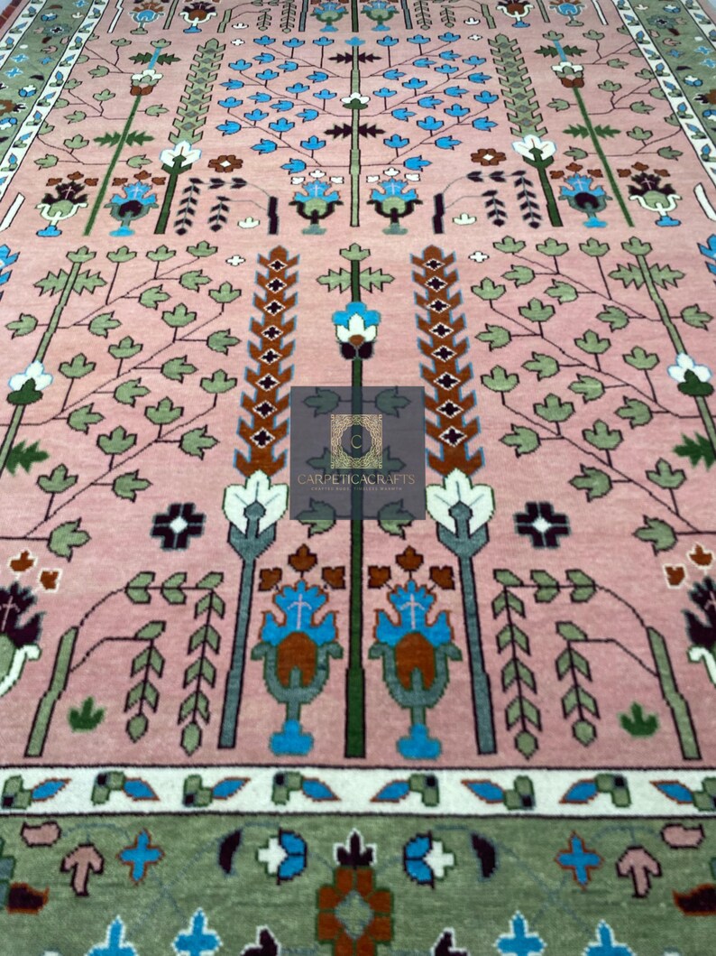 Handgeknüpfter Wolle Oushak 8x10 Teppich, Rosa Salbei Grüner Blumen Orientteppich Bild 5