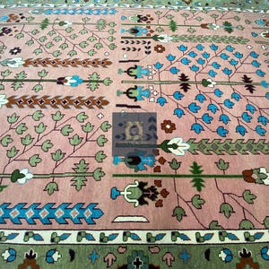 Handgeknüpfter Wolle Oushak 8x10 Teppich, Rosa Salbei Grüner Blumen Orientteppich Bild 7
