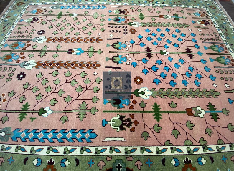 Handgeknüpfter Wolle Oushak 8x10 Teppich, Rosa Salbei Grüner Blumen Orientteppich Bild 7