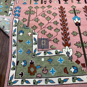 Handgeknüpfter Wolle Oushak 8x10 Teppich, Rosa Salbei Grüner Blumen Orientteppich Bild 8