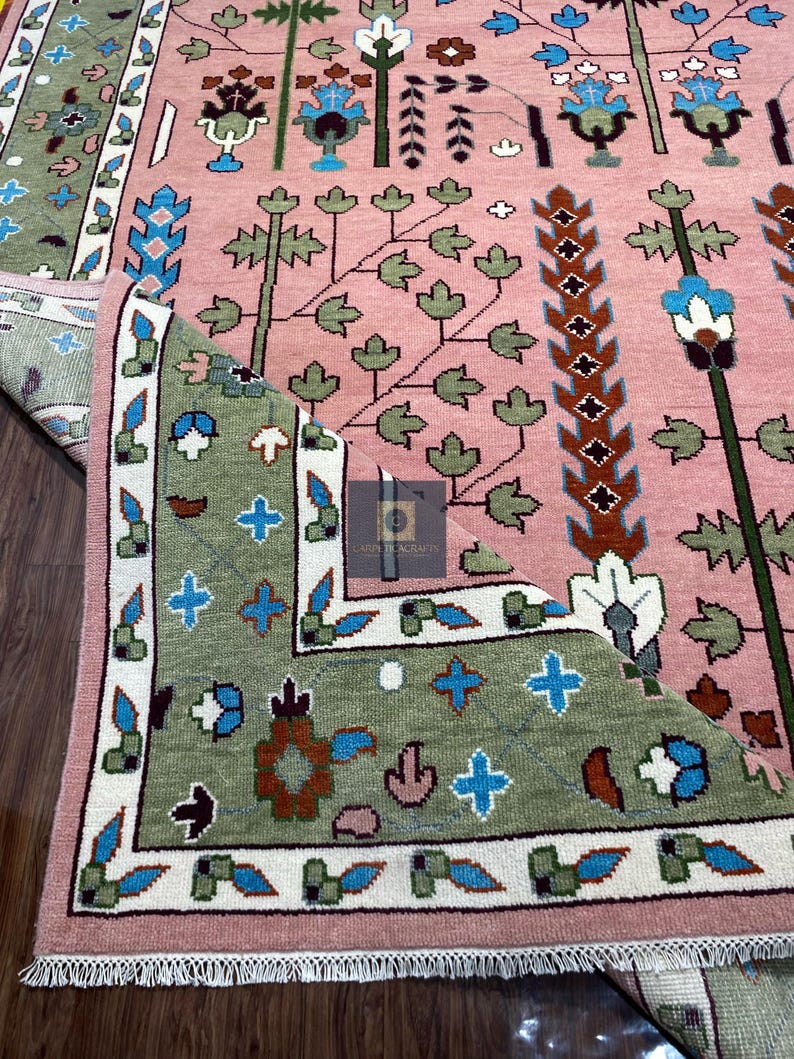 Handgeknüpfter Wolle Oushak 8x10 Teppich, Rosa Salbei Grüner Blumen Orientteppich Bild 8