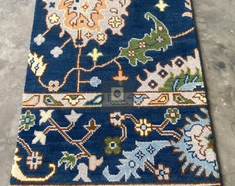 Handgefertigter Oushak Teppich 200x300, Wollteppich | Blau & Salbei Vintage Style Teppich