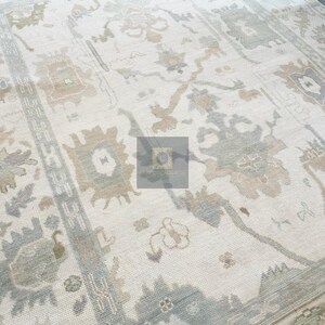 Handwoven Wool Oushak Rug: Soft Pastel Colors, Vintage Style