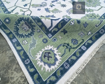 Handgeknüpfter Oushak-Wollteppich 200x300: Grün-Blauer Vintage-Stil,
