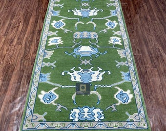 Handgeknüpfter Oushak Teppichläufer - Grün & Blauer Vintage Flur Teppich | Handgemachter Boho Tribal Läufer aus Wolle