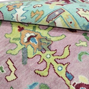 Hand-Knotted Wool Oushak Rug: Pink Floral Vintage Style