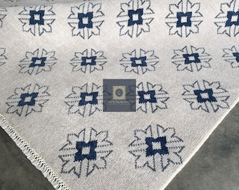 Handgewebter Oushak Teppich | Beige & Blau Geometrische Baumwolle Flachgewebe