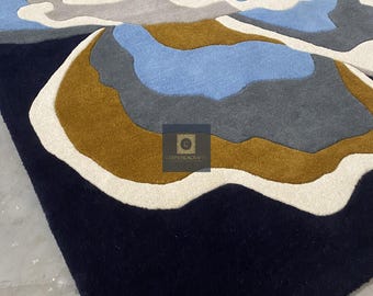 Hand-Tufted Wool Rug – Modern Abstract Floral, Blue & Mustard