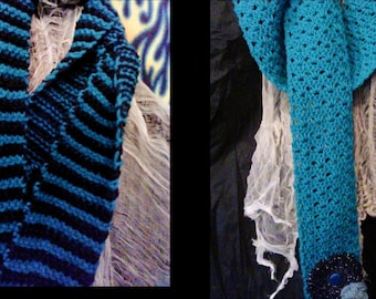 READY TO SHIP Teal crochet scarf with flowers or black and teal striped knitted scarf, scarves, stripes, florals, knit scarf, crochet scarf