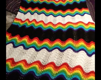 Rainbow black and white rippled blanket, knitted rippled blanket, rainbow blanket, black white rainbows, home decor, blanket, afghan, knit