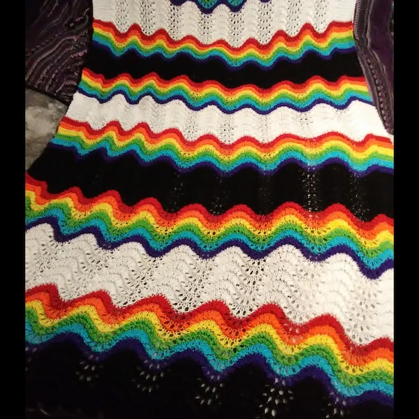 Rainbow black and white rippled blanket, knitted rippled blanket, rainbow blanket, black white rainbows, home decor, blanket, afghan, knit