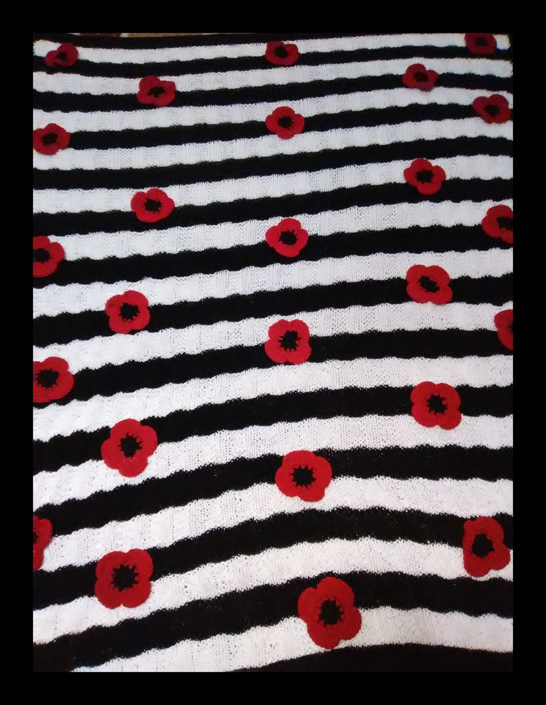 Floral Black and White Striped Blanket Knitted Striped Etsy