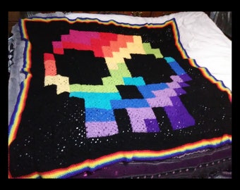 Rainbow Skull Blanket, crochet granny square skull pixel blanket, rainbow blanket, home, decor interior decorating,crochet, granny square