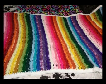 Striped Rainbow Afghan, crochet rainbow blanket, striped blanket, colorful blanket, home Decor, interior decorating