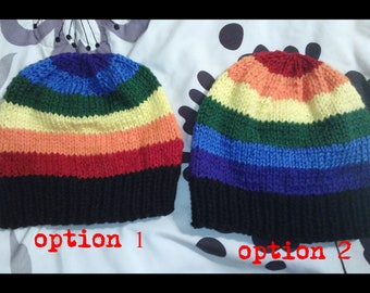 rainbow beanie, rainbow striped beanie, pride beanie, knitted rainbow beanie, rainbow hat, striped rainbow hat, knitted hat, knit beanie
