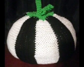 Knitted black and white striped pumpkin, Halloween decorations, black white and lime green pumpkin, striped pumpkin, knitted Halloween decor
