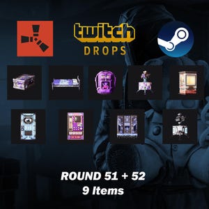Könnte beinhalten: Eine digitale Grafik mit Twitch Drops für Rust, die neun Spielgegenstände zeigt, darunter einen lila Rucksack, ein Bett, eine Aufbewahrungsbox und verschiedene mechanische Strukturen. Der Text lautet Twitch Drops, Round 51 + 52 und 9 Items.