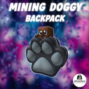May include: A cartoon-style backpack shaped like a dog paw, with a brown dog character peeking out from the top. The text "MINING DOGGY BACKPACK" is displayed above the paw. The background is a blurred mix of purple and blue.