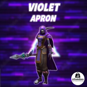 May include: A digital illustration of a character in a violet apron, cape, and hood, holding a staff with a teal gem. The text "VIOLET APRON" is displayed in white above the character against a purple background.
