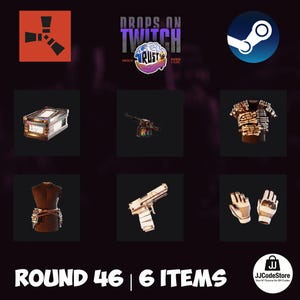 Puede incluir: Imagen promocional con seis objetos del juego Rust, incluyendo un cofre, una ametralladora, una camisa, un chaleco, una pistola y guantes. La imagen también incluye el logo de Rust, el logo de Steam y el texto "DROPS ON TWITCH" y "ROUND 46 | 6 ITEMS".