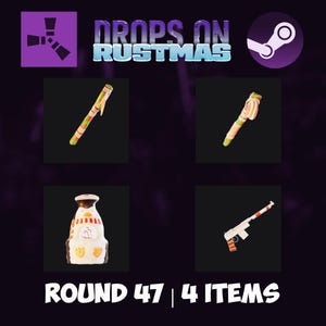 Könnte beinhalten: Werbebild für "Drops on Rustmas" mit vier thematischen Gegenständen. Das Bild enthält ein lila Logo, ein Steam-Logo und den Text "ROUND 47 | 4 ITEMS". Die Gegenstände umfassen einen verzierten Stift, eine verzierte Tube, einen pinguinförmigen Behälter und ein weißes und orangefarbenes Gewehr.
