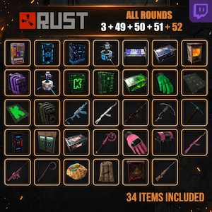 Rust Drops メガバンドル | 34アイテム | ラウンド Twitch 49-52 + キック 3 | 迅速配送