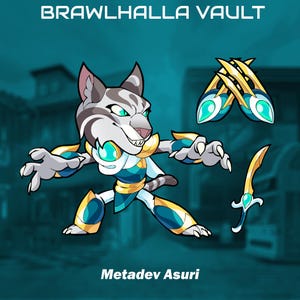 Puede incluir: Ilustración digital de un personaje felino de Brawlhalla Vault, Metadev Asuri, en una pose dinámica. El personaje es principalmente gris y blanco, con detalles turquesa y dorados en su armadura. También se muestran un par de armas en forma de garra y una espada.