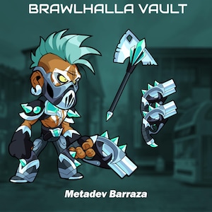 Può includere: Illustrazione di Metadev Barraza di Brawlhalla Vault, con un'acconciatura mohawk e una maschera. L'immagine include un'ascia e due pistole. La combinazione di colori è verde acqua e grigio. Il testo 'Brawlhalla Vault' è in alto.