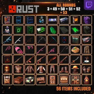 May include: A digital grid display of 56 Rust game items, including various weapons, armor, clothing, and base building components. The image features the Rust logo, the text ALL ROUNDS 3 + 49 + 50 + 51 + 52 + 53, and 56 ITEMS INCLUDED.
