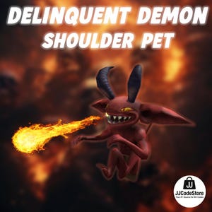 May include: A digital illustration of a red demon with black horns, yellow eyes, and sharp teeth, exhaling a stream of fire. The text "DELINQUENT DEMON SHOULDER PET" is displayed above the demon. The JJCodeStore logo is in the bottom right corner.