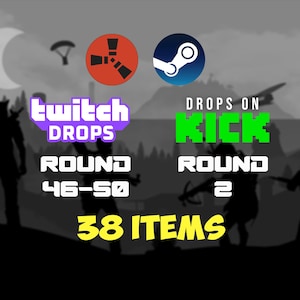 Puede incluir: Una pantalla gráfica con los logotipos de Rust y Steam sobre el texto Twitch Drops Round 46-50 y Drops on Kick Round 2, con el texto 38 Items en amarillo en la parte inferior, sobre un fondo en escala de grises con siluetas de personajes.