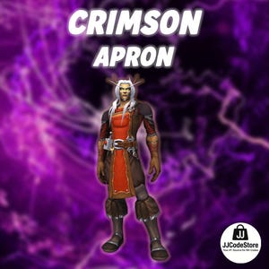 Op de afbeelding: Een digitale illustratie van een personage dat een karmozijnrode schort draagt met bruine en zwarte accenten. De schort maakt deel uit van een kostuum, met een riem, handschoenen en laarzen. De tekst "CRIMSON APRON" wordt bovenaan weergegeven.