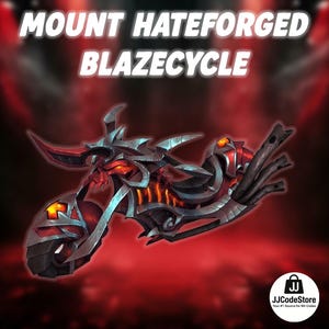 Op de afbeelding: Een gestileerde motorfiets met de tekst "MOUNT HATEFORGED BLAZECYCLE". De motorfiets is voornamelijk rood en grijs, met oranje accenten. Het ontwerp heeft een demonische esthetiek, met hoorns en een schedelachtige voorkant.
