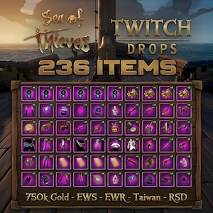 以下が含まれることがあります： 「Sea of Thieves」のTwitch Dropsで利用可能な236個のゲーム内アイテムを表示するプロモーション画像。ゲームのロゴ、「Twitch Drops」の文字、アイテムのリストが含まれています。