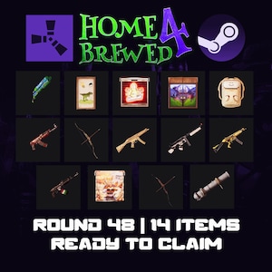 Puede incluir: Imagen promocional de "Home Brewed" con objetos del juego. Incluye un logotipo de Steam, un logotipo púrpura y el texto "ROUND 48 | 14 ITEMS READY TO CLAIM".