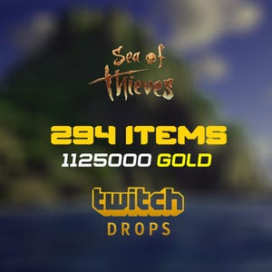 Può includere: Grafica digitale per il gioco "Sea of Thieves" con testo che indica 294 oggetti e 1125000 oro. L'immagine include anche il logo Twitch Drops, su uno sfondo sfocato di una montagna e del cielo.