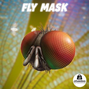 May include: A close-up of a fly's head with large, red and green compound eyes. The text "FLY MASK" is at the top. The image has a blurred background with a logo in the bottom right corner.