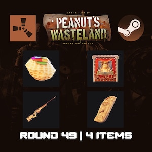 Puede incluir: Un anuncio de "Peanut's Wasteland" con el logotipo de Steam y el logotipo de Rust. La imagen presenta cuatro vistas previas de elementos: un cacahuete con una parte superior de arcoíris, una pancarta, un rifle y un paquete. El texto dice "Round 49 | 4 Items".