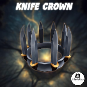 Puede incluir: Una corona gris oscura con puntas en forma de cuchillo. La corona tiene detalles dorados y el texto "KNIFE CROWN" en blanco. El fondo es una superficie oscura y texturizada.