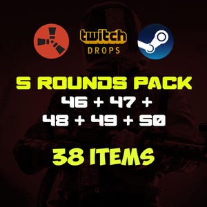 Puede incluir: Un gráfico digital con el texto 5 ROUNDS PACK 46 + 47 + 48 + 49 + 50 38 ITEMS en fuente amarilla. La imagen incluye un logotipo rojo de Rust, un logotipo amarillo de Twitch Drops y un logotipo azul de Steam sobre un fondo oscuro.